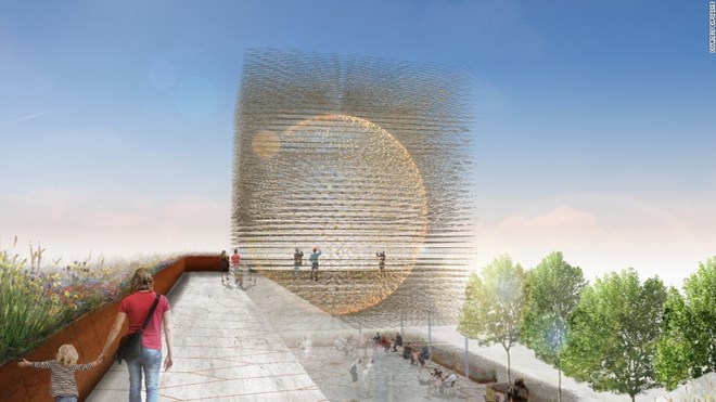 23.Trong hình là công trình kiến trúc độc đáo của Anh tham gia ở triển lãm Milan Expo 2015. Đây là hình ảnh một quả cầu vàng làm hoàn toàn bằng thép và có cấu trúc giống như tổ ong hay nói cách khác là một tổ ong khổng lồ.